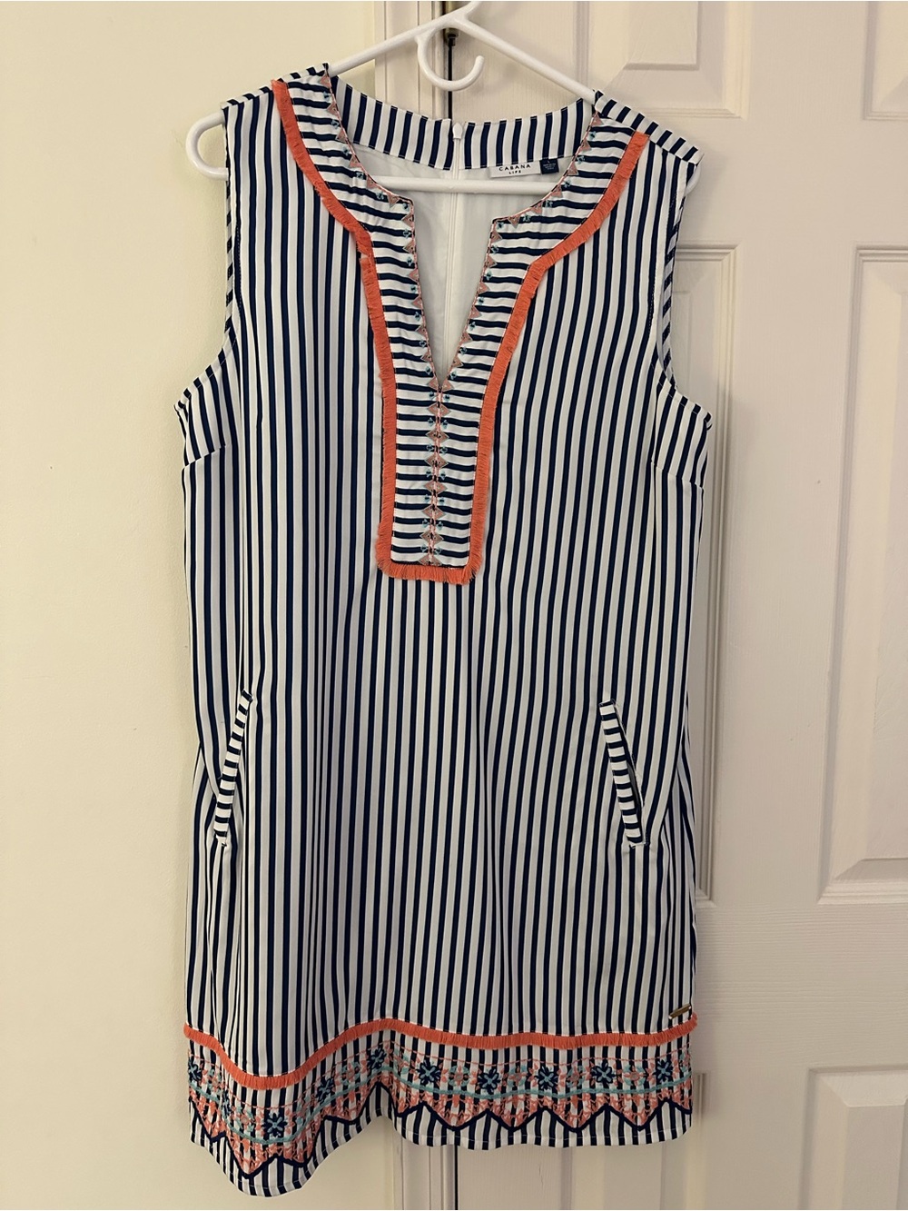 Cabana Life Navy and White Striped Sleeveless Tunic with Coral Trim
